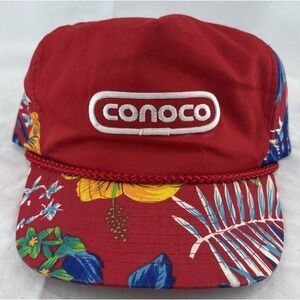 Vintage Nissin Hawaiian Conoco Rope Hat Snap Back Oil Racing Floral Trucker